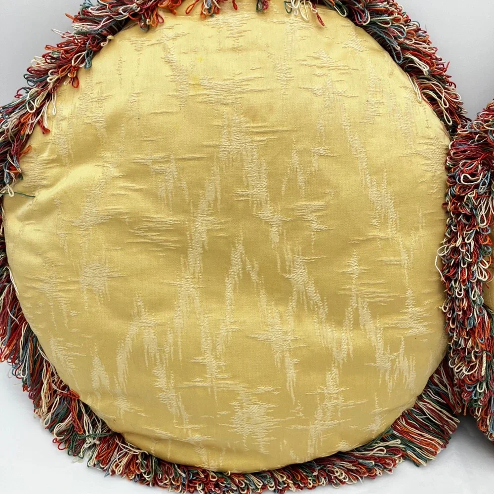 Pair of Vintage Hollywood Regency Round Throw Pillows Gold Brocade Multi Fringe